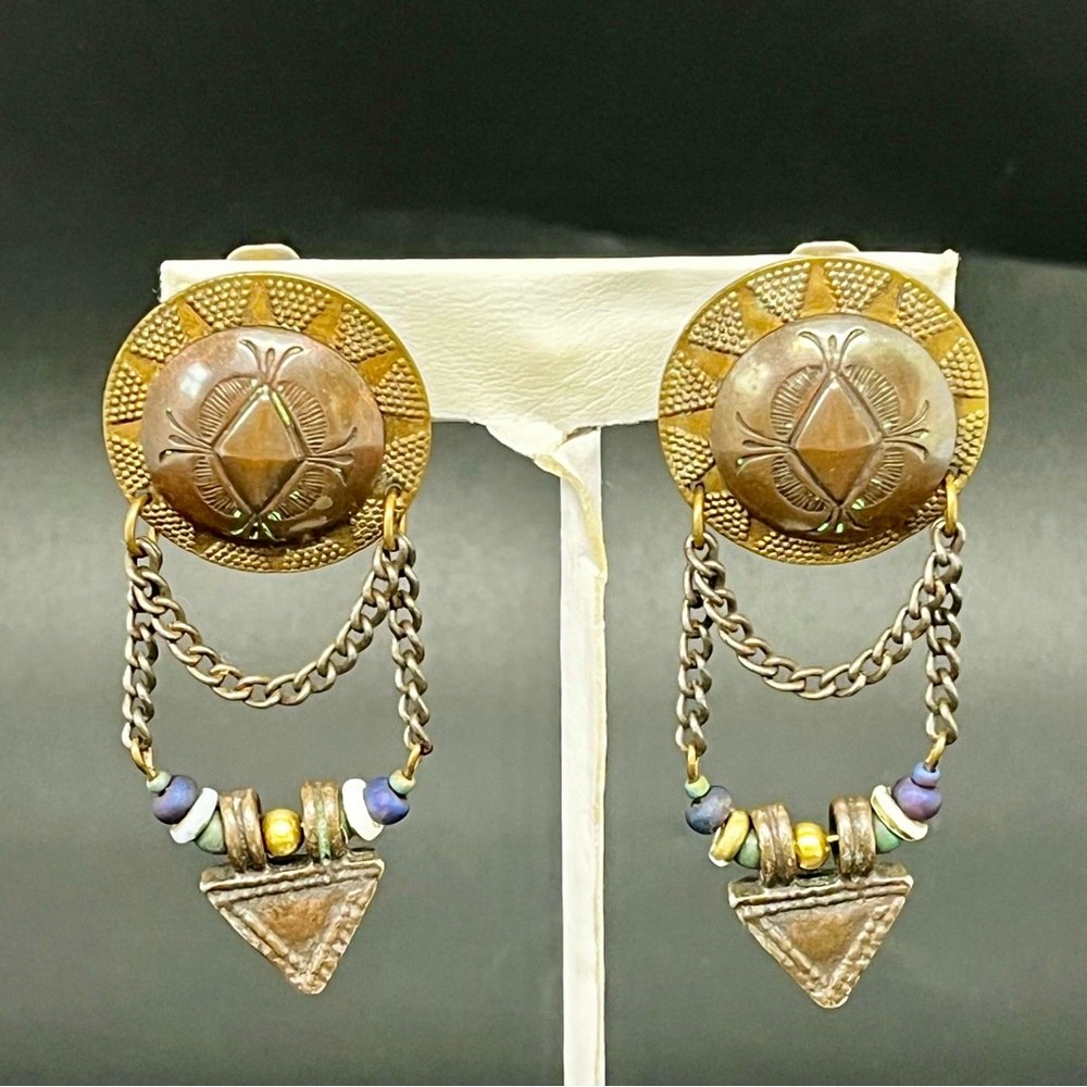 VTG Bohemian Brass Clip-On Earrings – Scarab & Tribal Triangle Dangle – 1960s